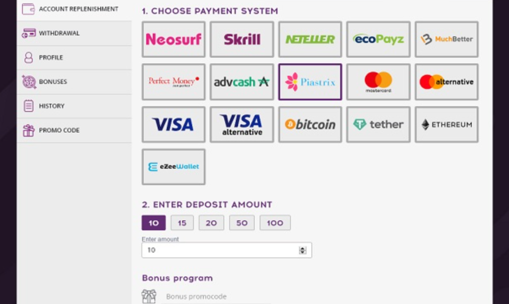 Métodos de depósito disponíveis